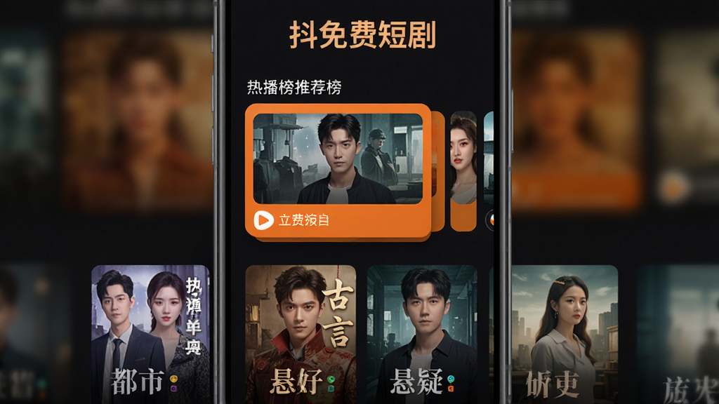 手机屏幕展示短剧APP首页,顶部为“抖免费短剧”文字标识,中部为热播榜推荐榜卡片布局,下方排列都市、古言、悬疑等题材封面,整体为深色背景搭配橙色高亮,竖版构图,扁平化UI风格,画质清晰干净无多余元素