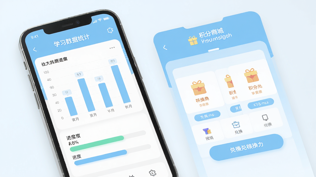 手机屏幕显示学习数据统计页面,有柱状图和进度条,旁边是积分商城兑换页面,浅蓝色清爽配色,扁平化设计风格,界面排版整齐,高清画质,干净无多余元素