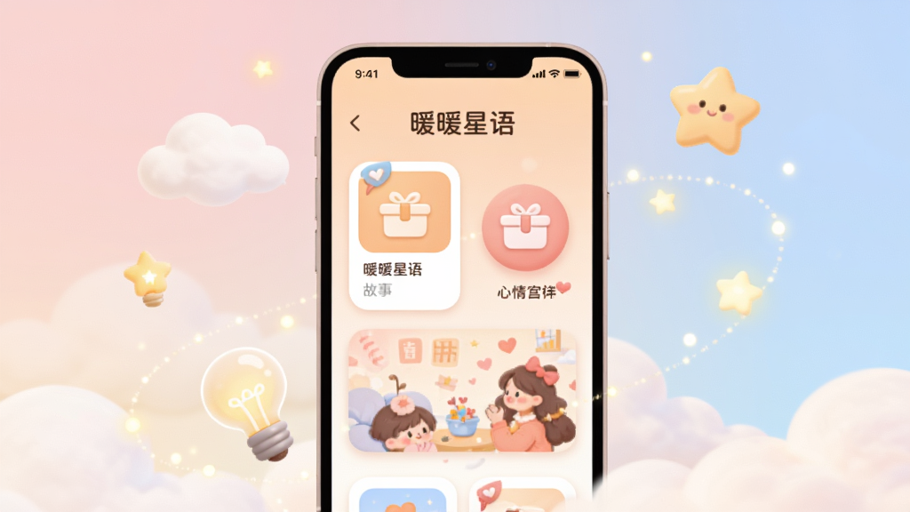 ����������һ�������ֻ�����Ļ����ʾ��ůů���Ӧ�������棬����Ϊ���ůɫ�����������¿�Ƭ���������ͼ��������ϵ�廭Ԫ�أ��ֻ���Χ�������ƶ䡢���ǡ�С���ݺ�������ӣ�����Ϊ����ɫ��ǳ��ɫ�Ľ��䣻������ñ�ƽ���廭���ϸ�����Բ�󣬻��������ɾ����޶���Ԫ��