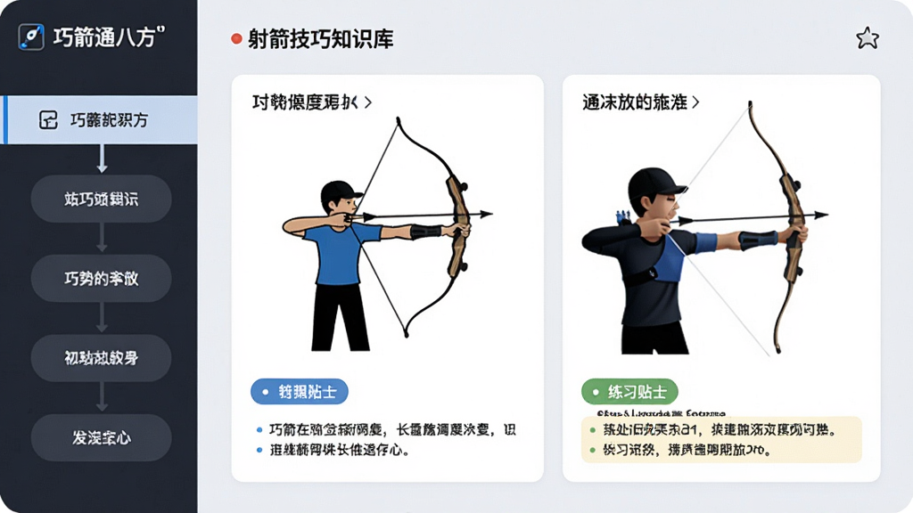 画面主体为“巧箭通八方”射箭技巧知识库界面,布局为左侧步骤导航右侧图文教学卡片,排版整齐清晰,风格为简约教学风,细节包括站姿握弓示意图、瞄准放箭分解图与练习贴士标签,背景为浅灰白学习氛围,画质清晰干净,无多余元素