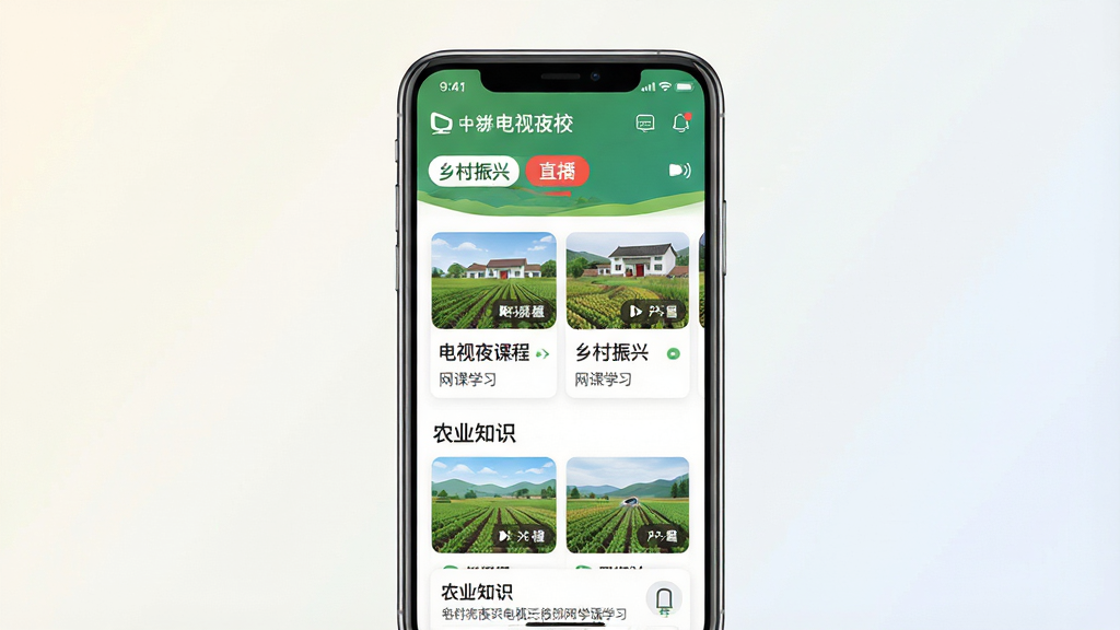 ����ҹУ�ֻ�APP����չʾ������Ϊһ�����������ֻ�����Ļ����ʾ������˵���ҹУ����ѧϰҳ�棬�����γ̿�Ƭ��ֱ����ں�ũҵ֪ʶ��飬���־��ж��룬����Ϊ�ɾ���ǳɫ���䣬���Ϊ�ִ���ƽ��UI��ƣ�ϸ�ڰ�������ͼ����������֡�����ҹУ����������ˡ�������ѧϰ�������ʸ��壬�ɾ����࣬�޶���Ԫ��