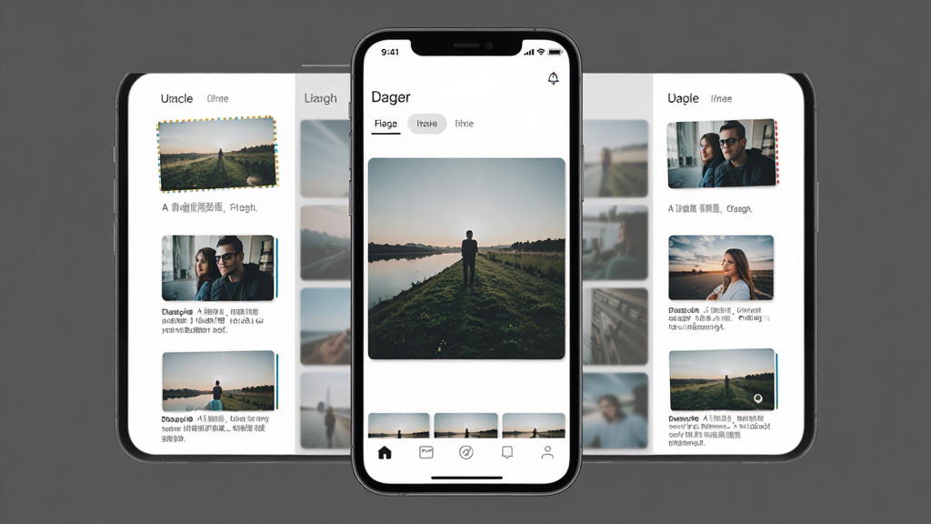 手机相册管理软件界面展示,主体为一部智能手机屏幕显示照片分类网格布局,布局为居中大图加两侧小图说明,排版简洁清晰,风格为现代扁平化UI设计,细节包含分类标签、照片缩略图、底部导航栏,画质高清干净无多余元素