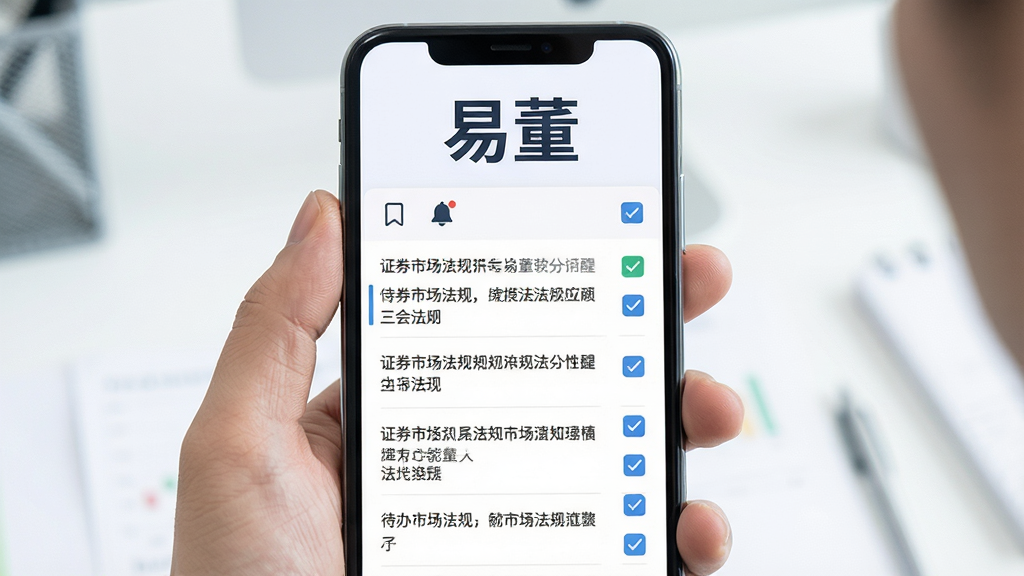 易董软件功能场景图,画面主体为手持手机查看证券市场法规页面,布局上方为软件名称“易董”字样、下方为法规条文列表与待办勾选图标,排版上下结构清晰,风格为清爽浅色办公风,细节包含书签图标、提醒铃铛、三会日历标记,画质高清干净无多余元素
