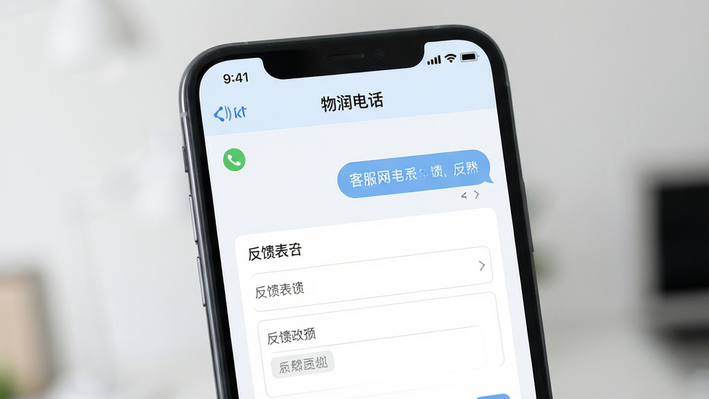 物润网app客服电话联系界面,主体为手机屏幕中的客服沟通页面,布局简洁,排版上下结构,风格清爽浅色,细节包含电话图标与反馈表单,画质干净高清,无多余元素
