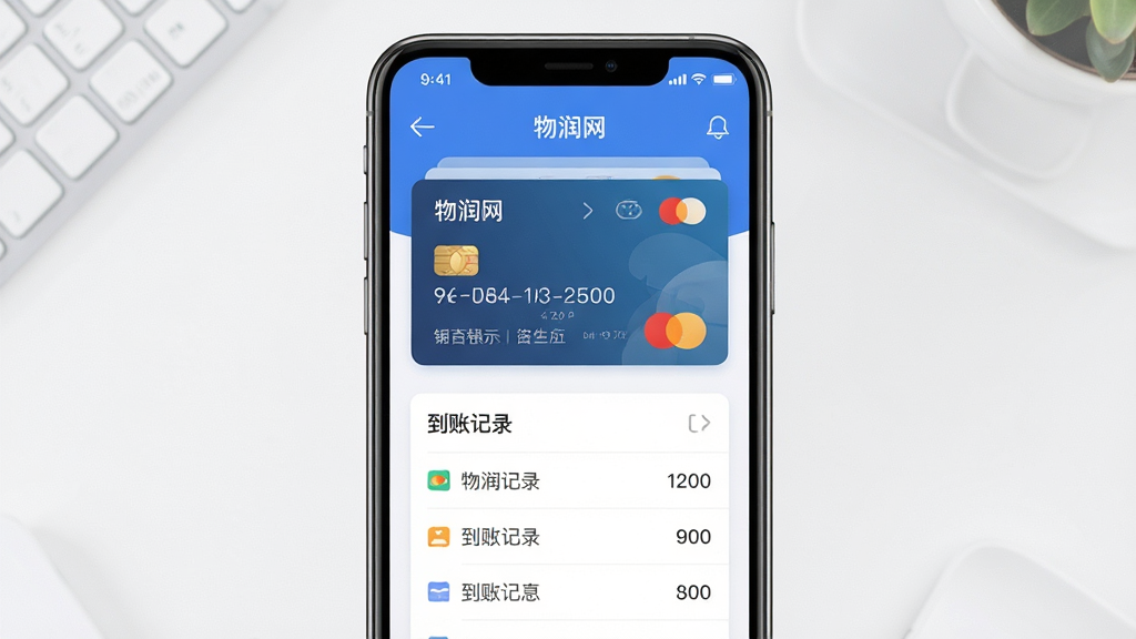物润网app钱包绑定银行卡页面展示,主体为手机屏幕中的钱包界面,布局居中,排版清晰,风格简洁商务,细节包含银行卡卡片与到账记录,画质干净高清,无多余元素