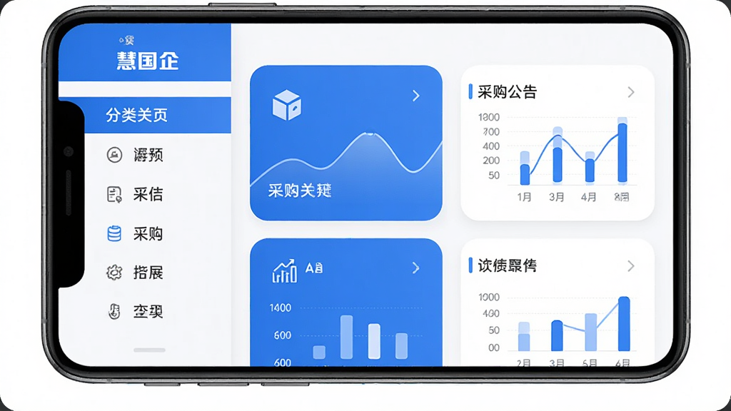 手机屏幕展示“慧国企”应用采购信息列表页面,主体为一部竖屏手机居中放置,布局左侧为分类导航栏右侧为采购公告卡片,排版简洁上下留白均匀,风格为现代商务扁平化设计,细节包含蓝色主色调、卡片圆角、图标线条清晰、数据图表点缀,画质高清干净无多余元素