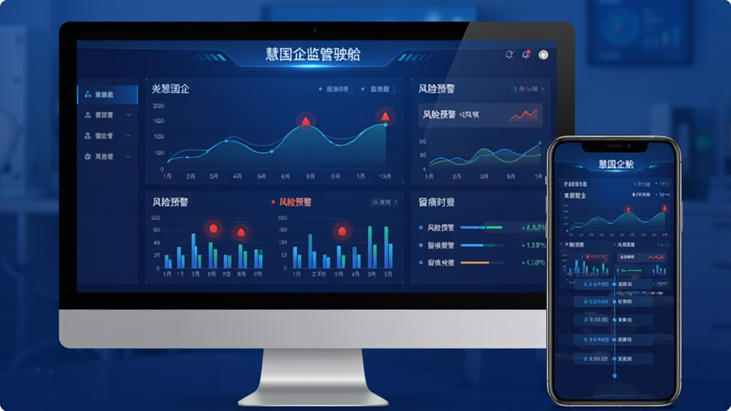 电脑与手机双端展示“慧国企”监管驾驶舱界面,主体为桌面显示器与旁边竖屏手机组合构图,布局屏幕居中数据看板环绕,排版左图右表层次分明,风格为科技感商务风,细节包含深蓝渐变背景、折线图柱状图、风险预警红色标记、留痕时间轴元素,画质清晰干净无多余元素