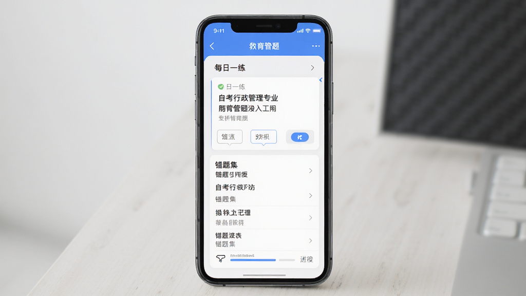 自考行政管理专业APP刷题界面,手机屏幕展示每日一练题库与错题集列表,主体为居中手机,布局简洁,排版清晰,风格为现代教育类应用界面,细节包含答题卡与进度条,画质高清干净无多余元素