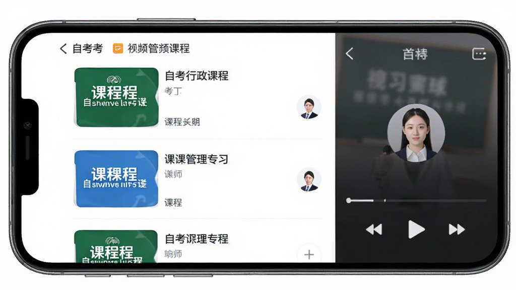 自考行政管理专业APP视频课程页面,手机屏幕展示课程列表与播放界面,主体为居中手机,布局上下结构,排版整齐,风格为清爽学习类应用,细节包含课程封面与讲师头像,画质高清干净无多余元素