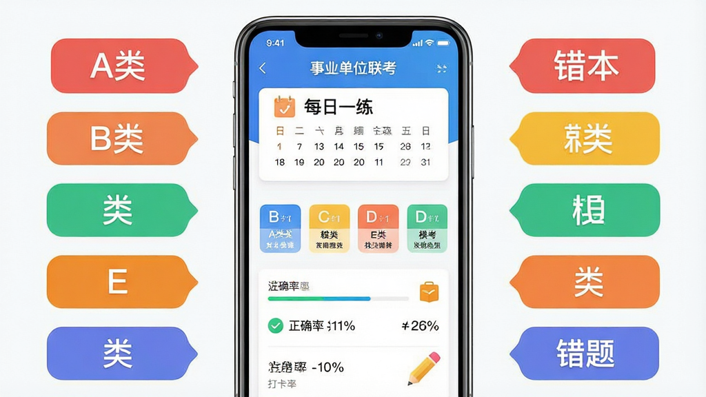 主体是一台竖屏智能手机,屏幕中央显示“事业单位联考”APP的题库练习界面,上方有“每日一练”打卡日历与六大模块入口,布局为手机居中、四周环绕A类B类C类D类E类彩色标签与错题本、模考报告小图标,排版简洁对称,风格为清爽扁平化教育类界面,细节包含进度条、正确率百分比、打卡对勾、书本与铅笔元素,画质高清、干净、无多余元素