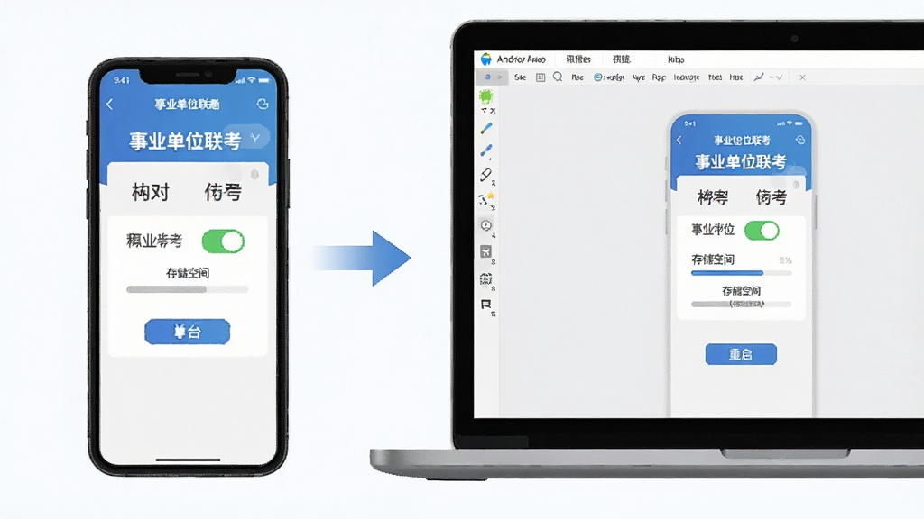 主体是一部手机与一台笔记本电脑并排摆放,手机屏幕显示“事业单位联考”刷题界面,电脑屏幕显示安卓模拟器运行同一应用,布局为左手机右电脑、中间用箭头连接,排版对称清晰,风格为简洁科技插画,细节包含权限开关图标、存储空间进度条、重启按钮,画质高清、干净、无多余元素
