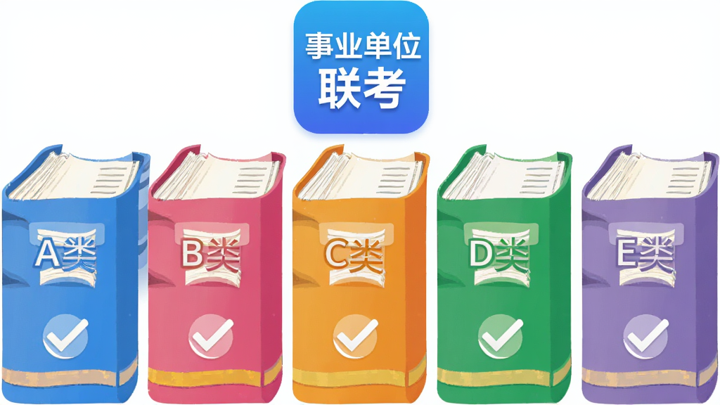 主体是五本并排竖立的彩色题库书,书脊分别标注“A类”“B类”“C类”“D类”“E类”,布局为书本横向排列居中,上方悬浮“事业单位联考”APP图标,排版整齐有序,风格为清新扁平插画,细节包含书页翻开的层次感、分类标签、对勾标记,画质高清、干净、无多余元素