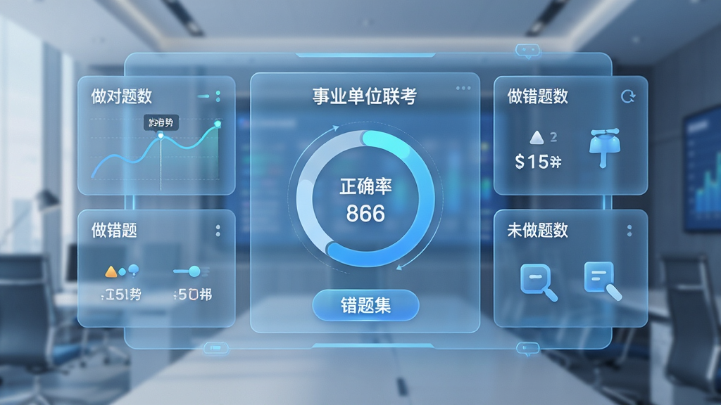 主体是一张悬浮的数据报告面板,中央展示“事业单位联考”模考成绩环形图与正确率数字,布局为报告居中、四周分布做对题数、做错题数、未做题数三个数据卡片,排版清晰分层,风格为科技感浅蓝商务风,细节包含折线趋势图、错题集按钮、重新练习图标,画质高清、干净、无多余元素