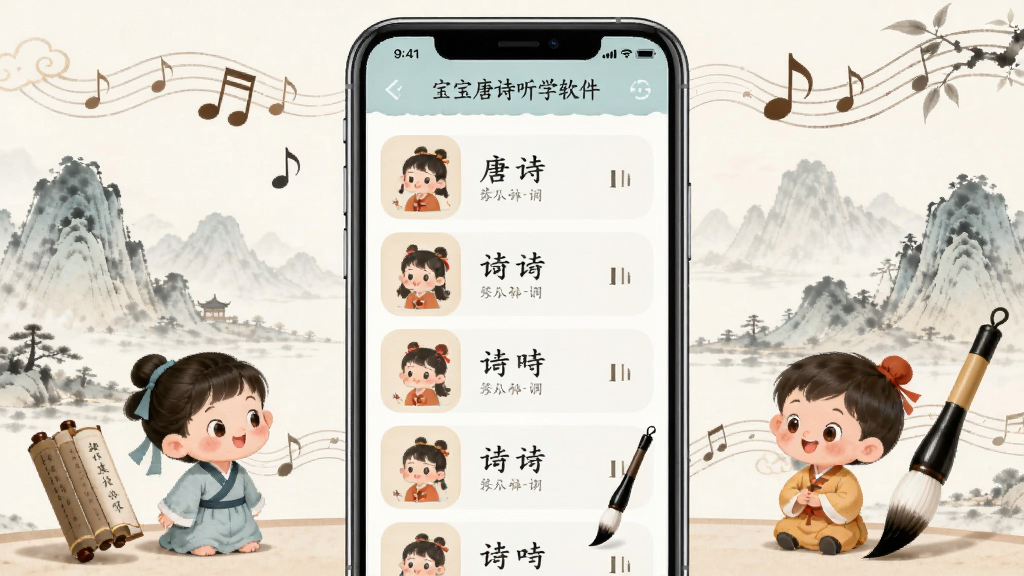 宝宝唐诗听学软件主界面展示,画面中央是一部智能手机,屏幕上呈现古风儿童诗词歌曲播放列表,背景为淡雅水墨山水与卡通儿童形象,布局居中对称,风格清新国风,细节包含音符、书卷、毛笔元素,画质清晰干净,无多余装饰