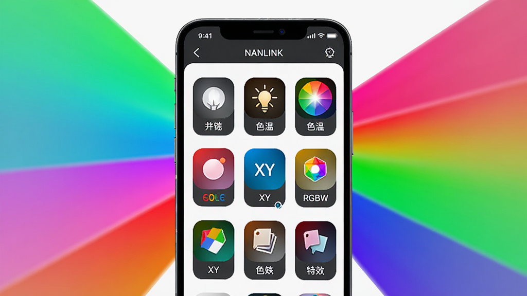 ��������Ϊ�ֻ���Ļ��ʾNANLINK�����Ķ�ģʽ������壬��������а׹⡢ɫ�¡���ɫ��XY��RGBW��ɫֽ����Ч��ģʽͼ�꣬�ֻ����в�ɫ�������������Ϊ�ֻ�������С����������ܷ�ɢ�����Ϊ����չʾ�磬ϸ�ڰ�����ģʽͼ��ɫ�����֡�������ɫ���䣬���ʸ��塢�ɾ����޶���Ԫ��