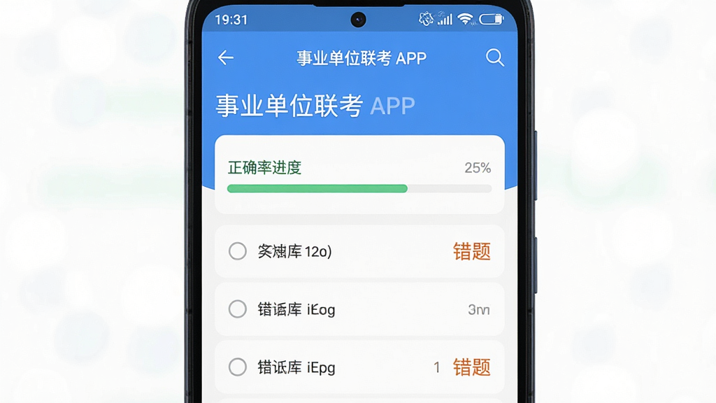 手机屏幕展示事业单位联考APP题库练习界面,主体为一部竖屏安卓手机,布局居中,排版上方标题下方题目选项,风格清爽教育类UI,细节包含正确率进度条与错题标记,画质清晰干净无多余元素