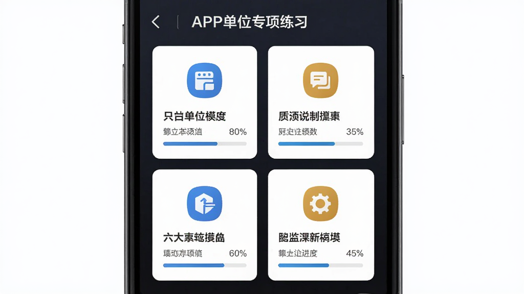 事业单位联考APP专项练习页面示意图,主体为手机界面展示六大模块图标排列,布局为网格状卡片,排版整齐,风格简约教育风,细节包含模块名称与进度百分比,画质高清干净无多余元素