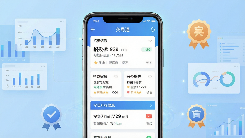 画面主体是一部智能手机居中放置,屏幕内展示“交易通”App首页界面,包含招投标信息列表、待办提醒卡片与今日开标信息模块;背景为浅蓝色渐变科技感布局,四周环绕数据图表与信用徽章图标;风格简洁商务、扁平化设计;细节上手机屏幕边缘有微光,图标清晰;画质高清、干净、无多余元素