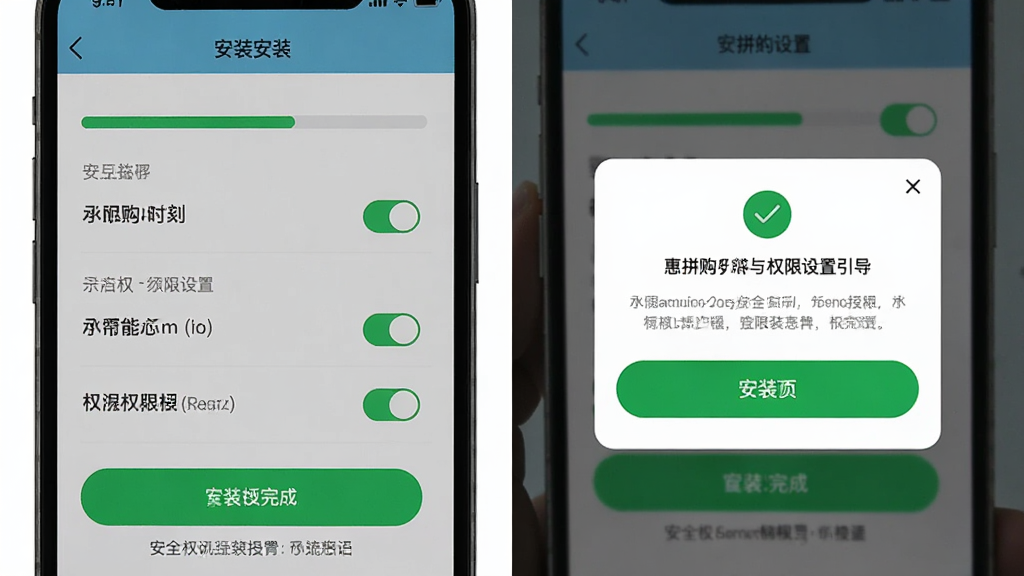 ����Ϊ��ƴ��APP��װ��Ȩ����������ҳ�棬����Ϊ�ֻ���Ļչʾ��װ��������Ȩ����Ȩ�������Ű��ϲ���˵�����ϵ����������У����Ϊ������˵Ĺ����������ϸ�ڰ���Ȩ�޿���ͼ�ꡢ��װ��ɰ�ť����ȫ��ʾ���֣����ʸ���ɾ��޶���Ԫ��