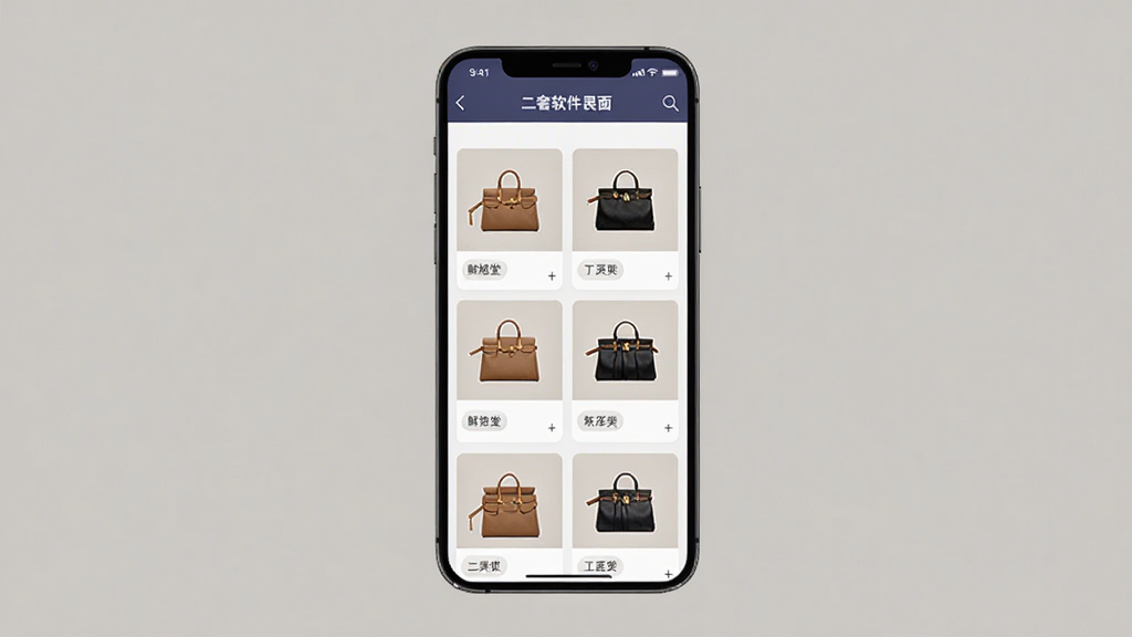 鲜旭堂二奢软件界面展示,手机屏幕中排列多款二手奢侈品箱包图文卡片,主体为居中放置的智能手机,布局简洁上下留白,排版采用网格卡片式,风格清新现代,细节包含箱包缩略图与分类标签,画质高清干净无多余元素