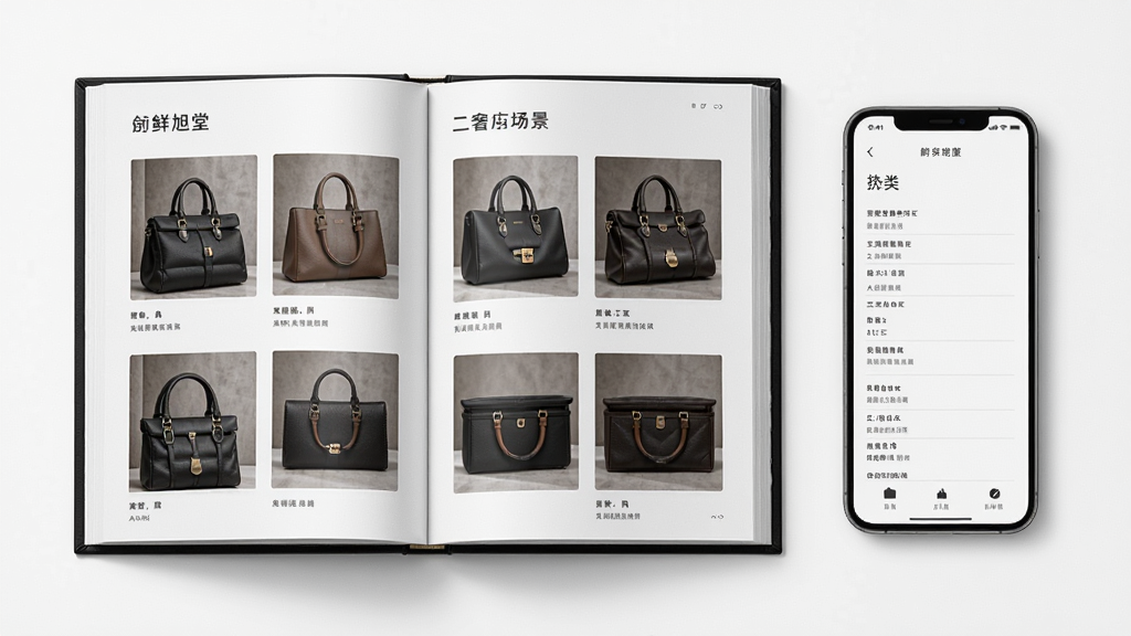 鲜旭堂二奢应用场景图,画面主体为一本翻开的箱包图鉴与手机并排摆放,布局左图右机,排版整齐对称,风格简约质感,细节呈现箱包细节图与分类目录,画质清晰干净无多余元素