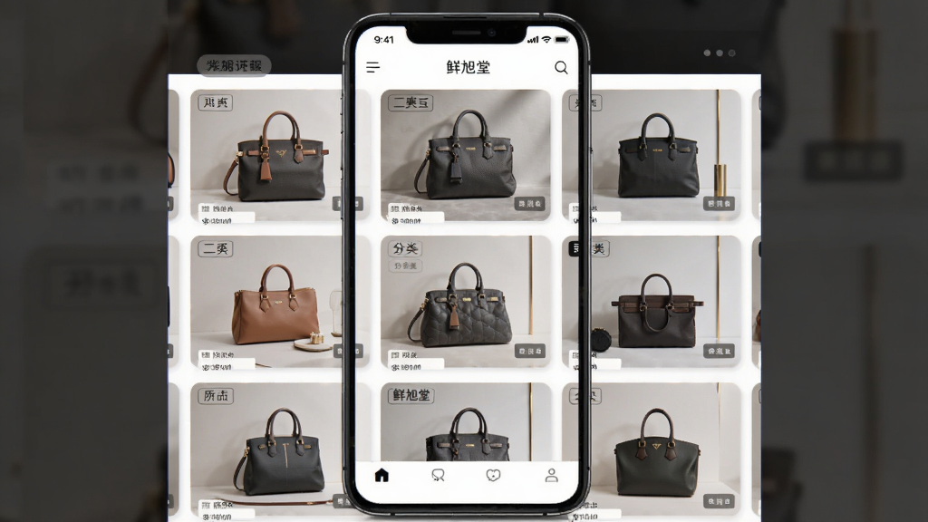 鲜旭堂二奢软件界面展示,主体为手机屏幕中排列整齐的二手奢侈品箱包图片墙,布局采用九宫格图文列表,排版清晰有序,风格为现代简约App展示风格,细节包含箱包轮廓线条、分类标签与品牌标识区域,画质高清,画面干净,无多余元素