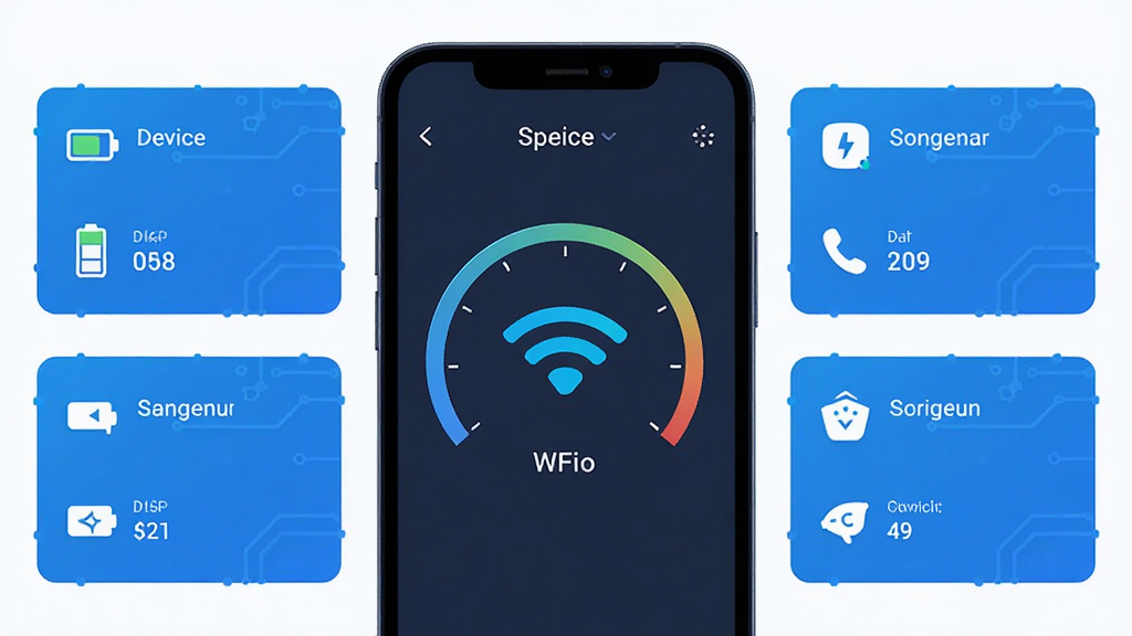 ����������չʾ���ֻ���Ļ������ʾ��������Ǳ�����WiFi�ź�ͼ�꣬��Χ�����豸�������洢�ռ���Ϣ��Ƭ����ɫ�Ƽ�����ɫ����಼�֣���ƽ��UI��񣬸��廭�ʣ��ɾ��޶���Ԫ��