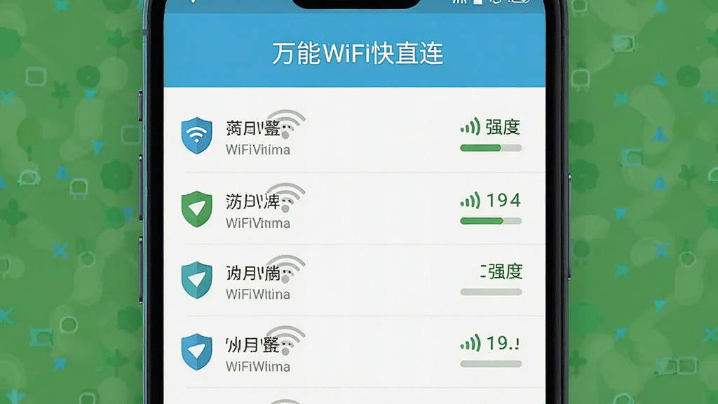 �ֻ�����չʾWiFi��ȫ���ҳ�棬�б����ֶ������WiFi�������ź�ǿ�ȣ�������Ŀ���а�ȫ���Ʊ�ʶ��������ʾ