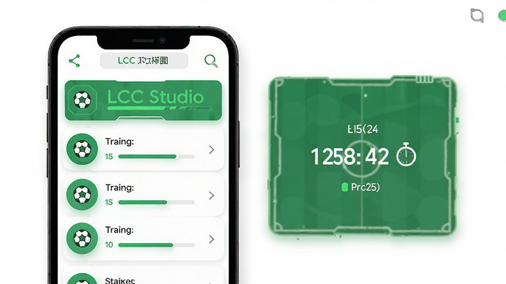 LCC Studio软件界面展示,主体为手机屏幕内训练组合列表与计时器,布局居中对称,排版清晰分层,风格为运动科技感扁平设计,细节包含足球图标、进度条与绿色主色调,画质高清干净无多余元素