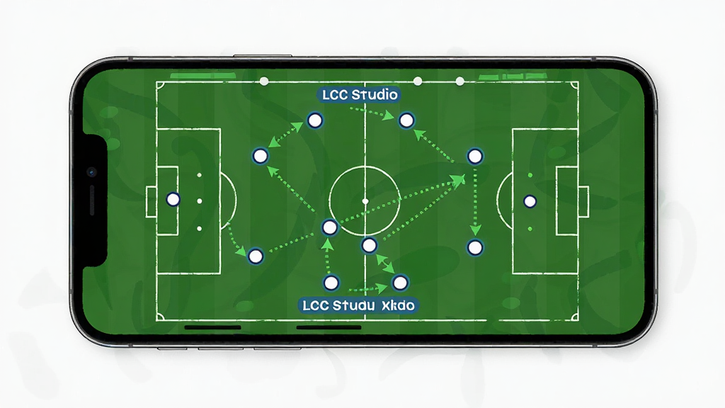 LCC Studio战术板功能展示,主体为手机屏幕内足球场战术站位图,布局为球场俯视居中,排版简洁,风格为运动数据可视化,细节包含球员圆点、传球虚线箭头与战术名称标签,画质高清干净无多余元素