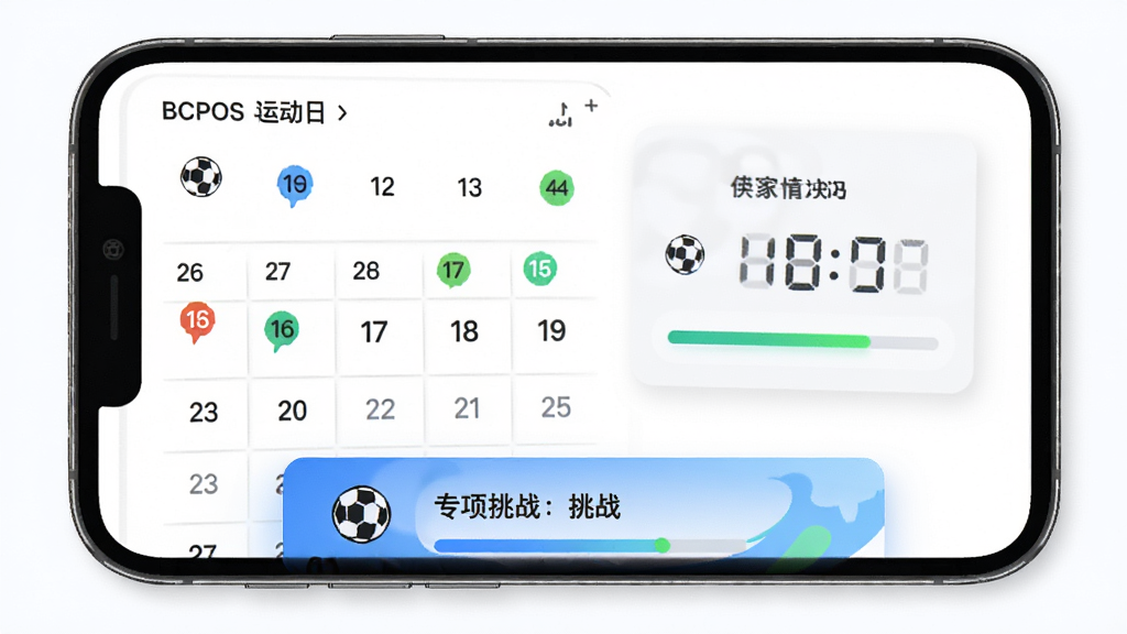 BCPOS软件运动日历与专项挑战界面,主体为手机屏幕中的日历视图与颠球计数卡片,布局上下结构上方日历下方挑战入口,排版清爽,风格轻快运动风,细节包含日期标记、足球图标与进度条,画质高清干净无多余元素