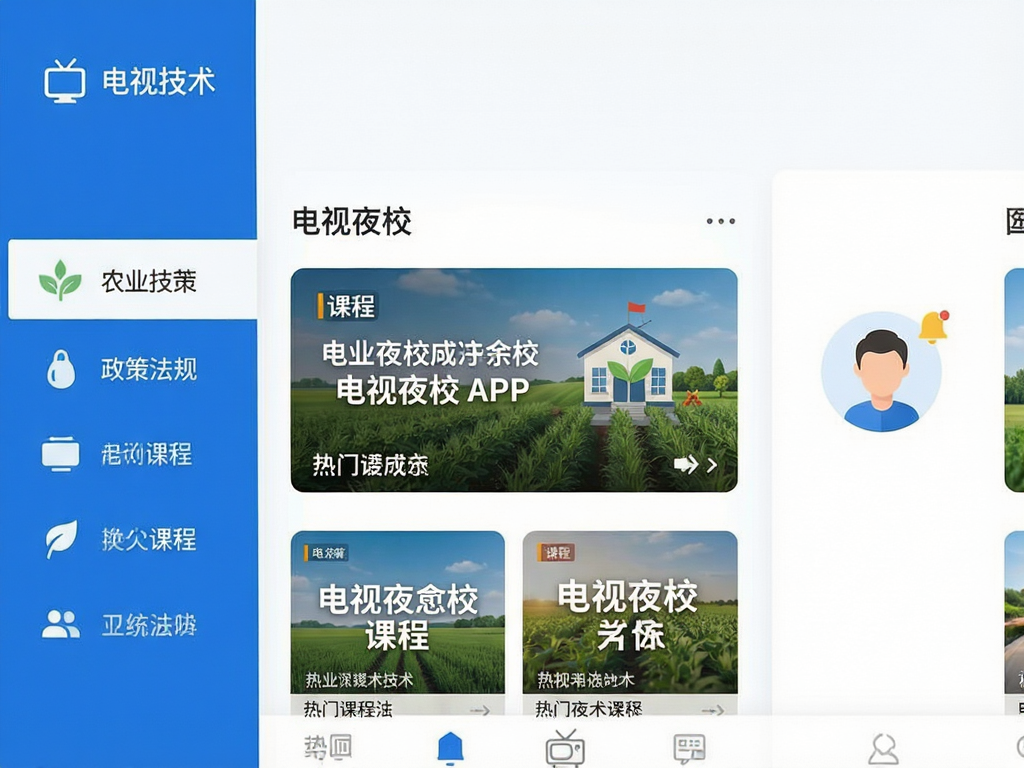 ����ҹУ APP ������չʾ�����Ϊ���ർ��������ũҵ�������߷����ͼ�꣬�м�Ϊ�ֲ�ͼչʾ���ſγ̺������Ҳ�Ϊ�û�ͷ������Ϣ�����������������������ɫ����Լ�ִ���ƽ����Ƹ�����Ⱦ�ɾ������޶���Ԫ������