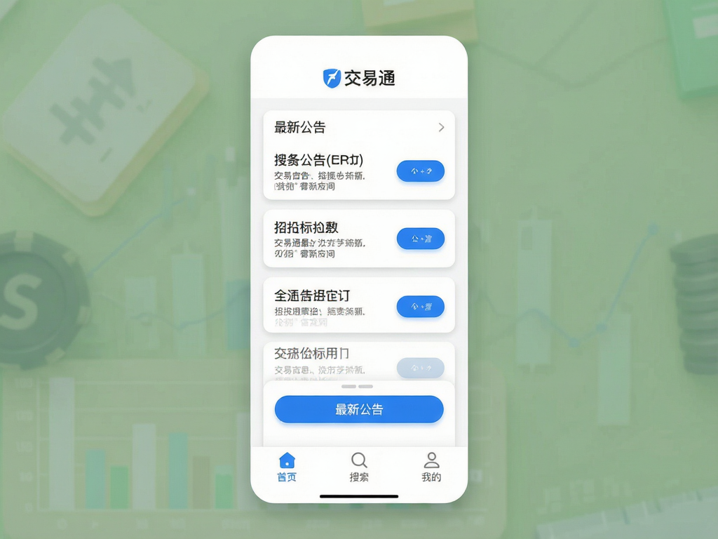 现代简约风格的移动应用界面,主体为白色背景搭配蓝色按钮,布局清晰,顶部显示“交易通”Logo,中间为招投标列表卡片式排版,底部导航栏包含首页、搜索、我的三个图标,风格扁平化设计,细节包括柔和阴影和圆角元素,画质高清干净,无多余装饰元素,文字显示