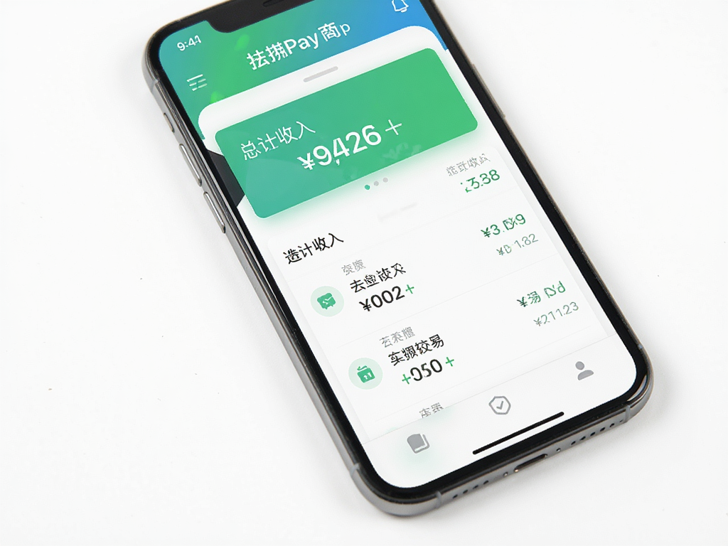 A modern smartphone displaying the interface of 'ScanPay Merchant App', clean white background, minimalist UI design with green and blue accents, clear Chinese text showing 'Total Income' and transaction list, soft lighting, high resolution, no extra elements, professional financial app aesthetic