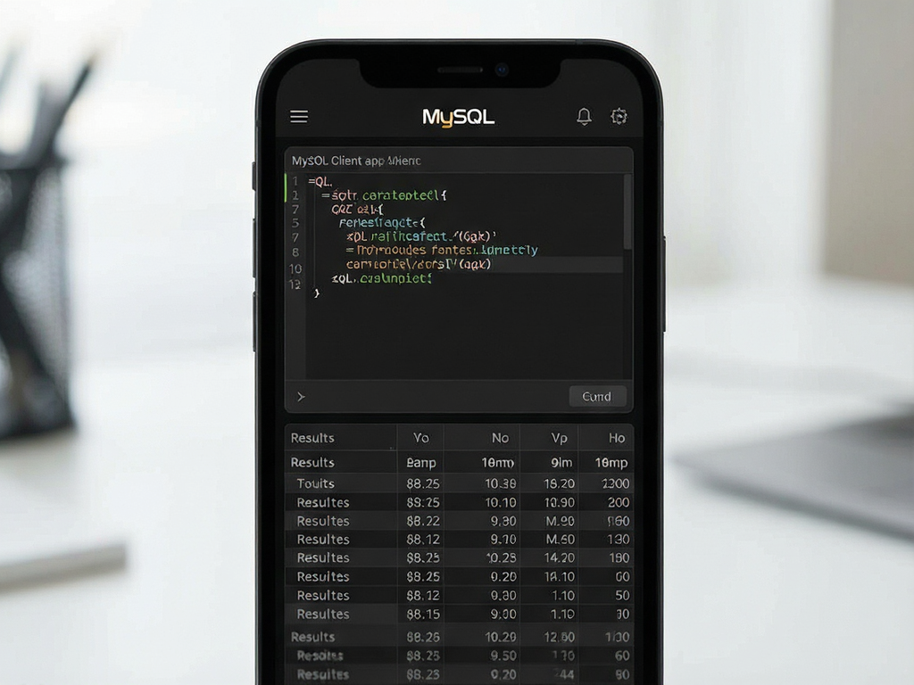 A modern smartphone displaying the MySQL Client app interface with a dark mode theme, showing a SQL query window and results table, clean layout, minimalist design, high resolution, no extra elements