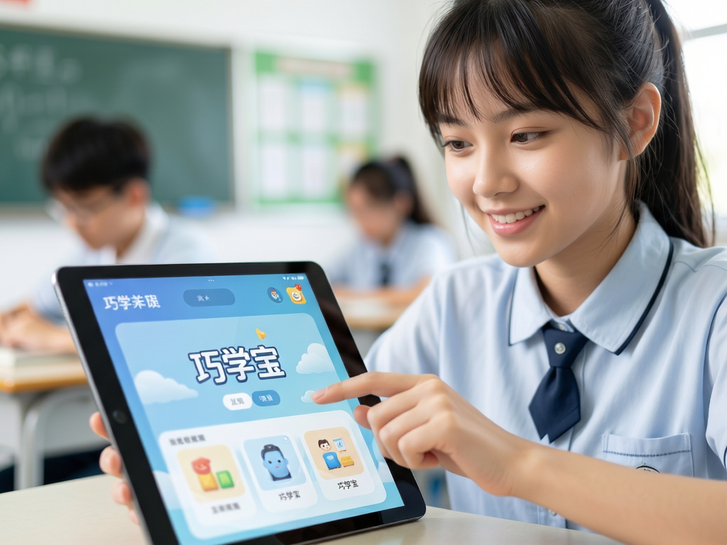 主体:一位年轻学生在明亮教室中使用平板电脑学习,屏幕上显示