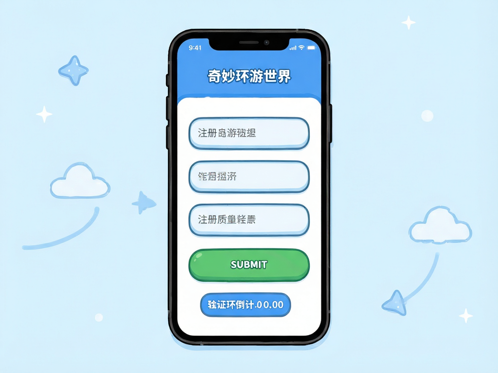 奇妙环游世界注册流程示意图,主体为手机屏幕显示注册表单,布局清晰垂直排列,排版采用圆角矩形输入框,风格扁平化卡通UI,细节包含绿色提交按钮和蓝色验证码倒计时,画质高清干净无多余元素