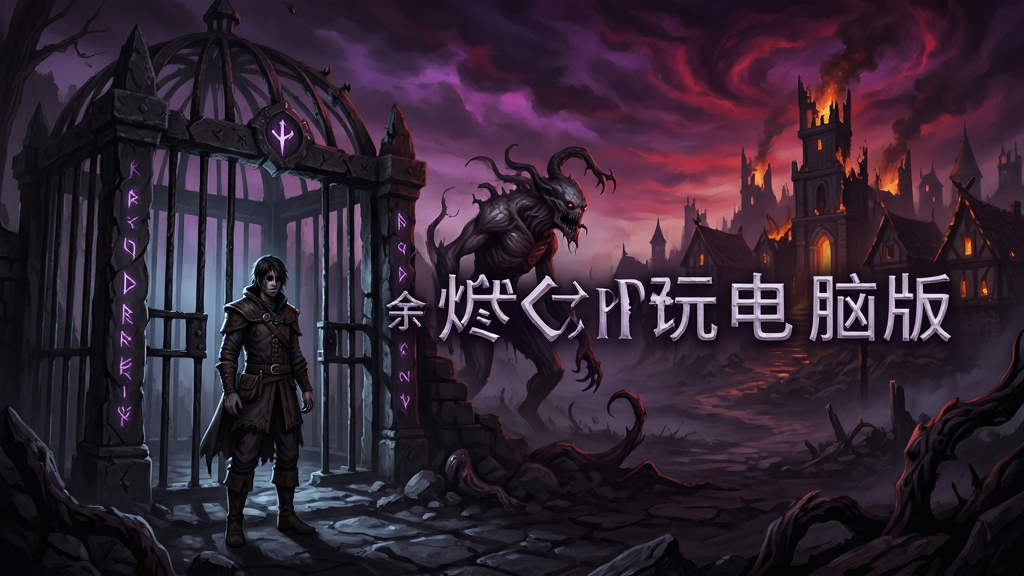 暗黑幻想风格游戏场景,一位失忆的旅人站在破败的魔法牢笼入口,远处是扭曲的异形生物与残破的余烬镇轮廓,天空呈现诡异的紫红色,画面中央用神秘字体写着