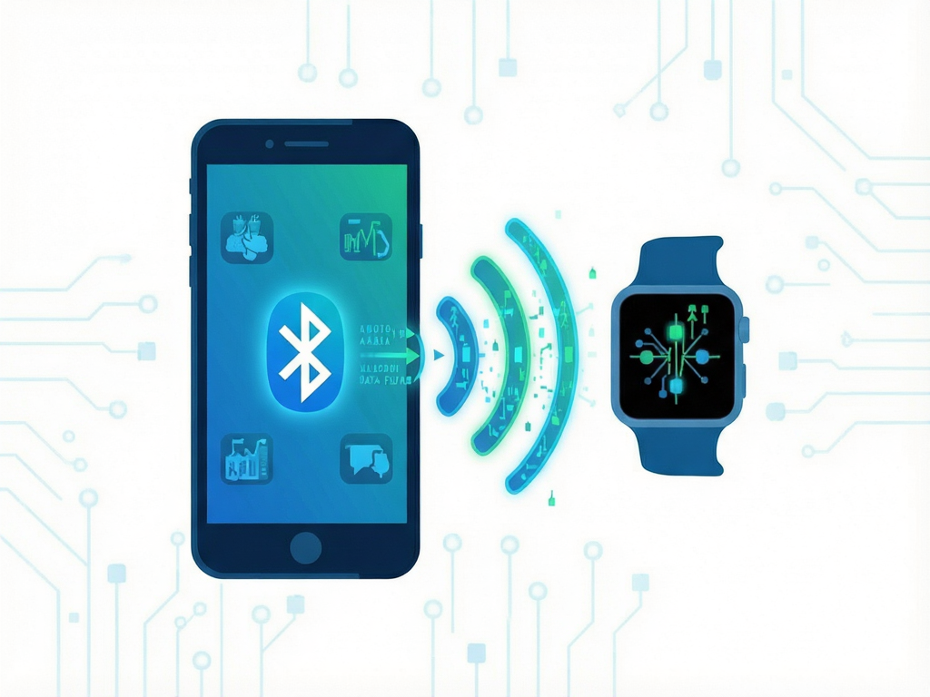 Illustration of a smartphone connecting to a smartwatch via Bluetooth signal waves, digital data flow visualization, blue and green tech color palette, flat vector style, clean background, no text overlay except generic icons