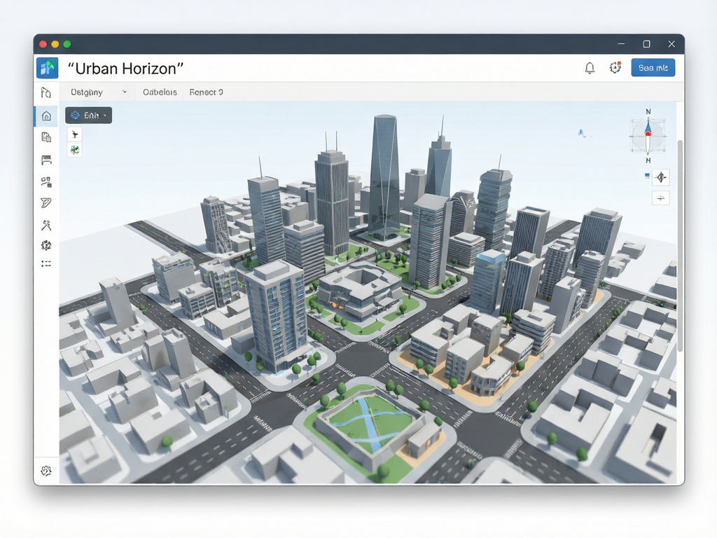 A detailed illustration of a modern urban planning software interface, showing a 3D city model with buildings and roads, clean layout, professional style, high quality, no extra elements, text