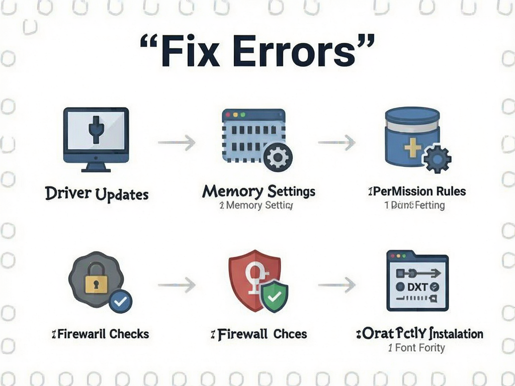 A step-by-step guide infographic for troubleshooting software errors, featuring icons for driver updates, memory settings, permission checks, firewall rules, and font installations, clean white background, minimalist design, high resolution, no clutter, text