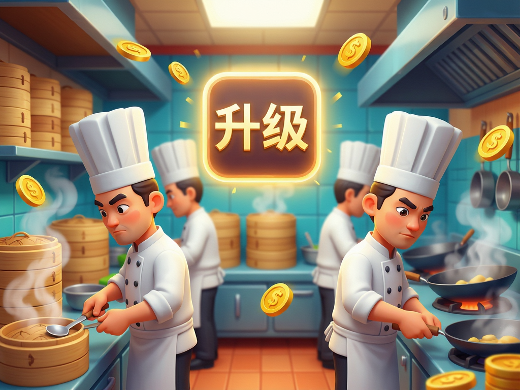 主体:一个繁忙的中式餐厅厨房内部场景;布局:前景是几个正在工作的厨师角色,背景是整齐排列的蒸笼和炒锅;排版:中央突出显示一个发光的“升级”图标悬浮在空中;风格:卡通渲染风格,色彩鲜艳明亮;细节:蒸汽腾腾的效果,厨师表情专注,周围有金币飘散;画质:高清8k,干净无噪点,无多余元素