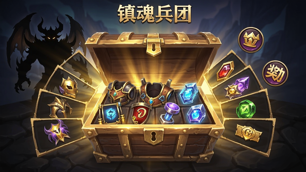 画面主体为一个打开的宝箱散发出金色光芒,箱内整齐摆放着套装装备与稀有材料,周围有世界BOSS的剪影与登录奖励图标环绕,布局为宝箱居中、奖励物品呈扇形展开,风格为游戏UI宣传图,细节突出金属质感与光效,画质清晰,画面干净,顶部写“镇魂兵团”