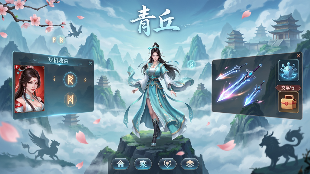 画面主体为一款名为“青丘”的修仙手游宣传图,布局采用竖版手机屏幕比例,中央位置展示一位身着青白色古风长裙的修仙女子立于云雾缭绕的山峰之巅,身后是层叠的青丘山脉与飘渺仙气,左侧悬浮半透明的挂机收益面板与红颜角色头像,右侧展示御物斗法的飞剑光效与交易行界面图标,排版上顶部留白放置游戏名称“青丘”二字,底部为功能入口按钮排列,风格为中国风仙侠奇幻,细节包含飘落的桃花瓣、发光的符文、远处楼阁与灵兽剪影,画质高清细腻、色彩清透干净、无多余元素