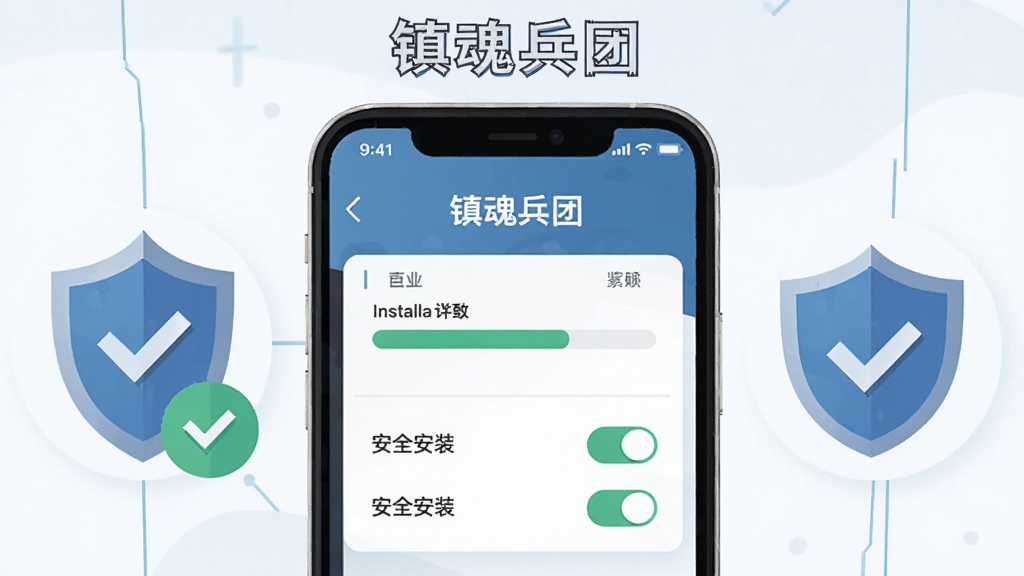 画面主体是一部智能手机屏幕显示“镇魂兵团”游戏安装界面,旁边配有盾牌与勾选图标代表安全安装,布局为手机居中、图标环绕两侧,风格为扁平化科技插画,细节刻画屏幕内安装进度条与权限开关,画质清晰,画面干净,顶部写“镇魂兵团”