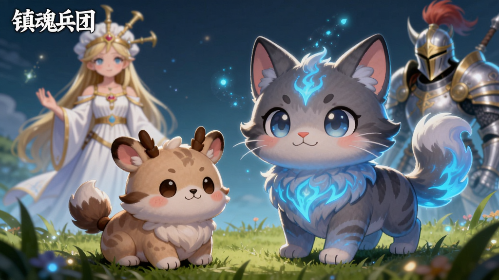 画面主体是一只可爱的猫型守护灵兽与一只萌宠坐骑并肩站在魔法草地上,背景有圣女与英灵虚影环绕,布局为萌宠在前景、伙伴虚影在后景的层次感排版,风格为Q版奇幻插画,细节描绘毛发质感与魔法光点,画质清晰,画面干净,左上角写“镇魂兵团”