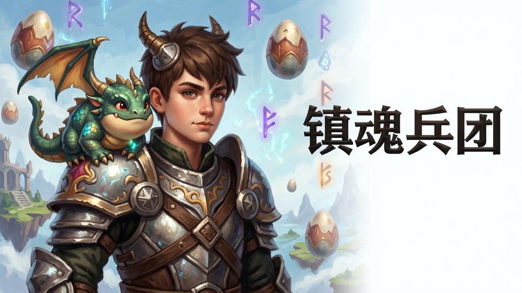 画面主体是一位身穿西幻风格铠甲的年轻冒险者,肩头趴着一只圆滚滚的萌宠小龙,背景是漂浮着龙蛋与魔法符文的魔幻大陆远景,主体居中偏左布局,右侧留白排版游戏名称“镇魂兵团”四个大字,整体采用厚涂奇幻插画风格,细节刻画铠甲纹理、龙鳞光泽与魔法光晕,画质高清,画面干净,无多余元素