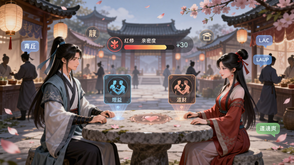 画面主体为“青丘”游戏红颜双修与道友社交场景,布局为古风庭院内的双人互动画面,左侧一位青衫修士与右侧红衣红颜相对而坐于石桌旁,桌面上悬浮双修增益的属性面板,背景为万象汇交易集市的摊位与往来道友剪影,排版上中央突出双修进度条与亲密度数值,风格为唯美古风仙侠,细节包含庭院灯笼、飘落花瓣、交易行悬浮图标与聊天气泡,画质柔和精致、画面干净、无杂乱元素