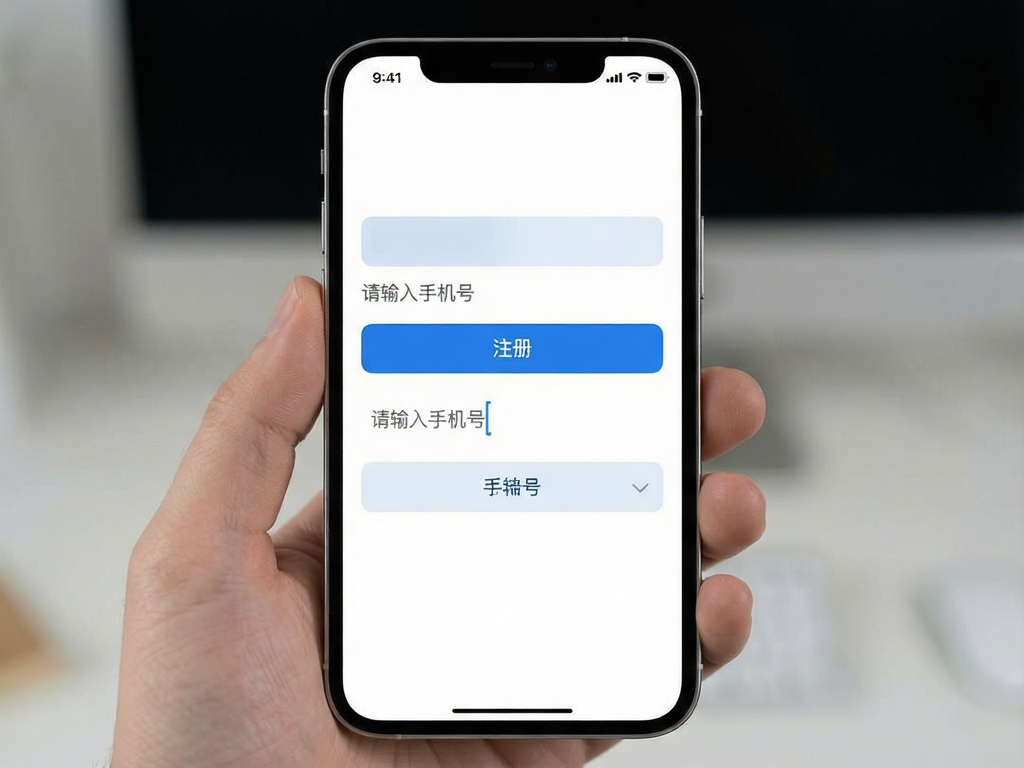 一张现代极简风格的手机APP注册界面截图,主体为白色背景上的蓝色“注册”按钮和输入框,布局清晰居中,排版符合iOS设计规范,风格干净清爽,细节显示手机号输入框光标闪烁,画质高清无噪点,文字显示“请输入手机号”