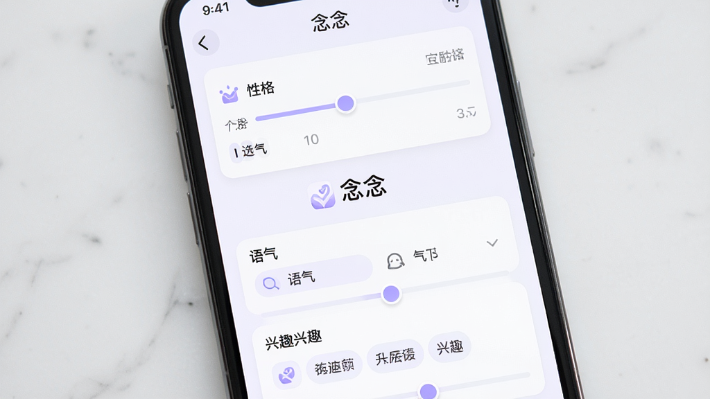 画面主体是一部手机屏幕特写,屏幕上显示“念念”应用的角色设定界面,包含性格滑块、语气选项和兴趣标签等可调节元素;布局采用纵向信息流排版,各设置项从上到下依次排列;风格为现代简约的UI界面风格,配色以白色和淡紫色为主;细节上每个设置项旁都有小图标辅助说明,界面中央有“念念”应用名称;画质高清,界面干净清爽,无杂乱元素